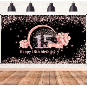 15th Birthday Party Banner Photo Backdrop Rose Gold Tiara Sash Crown Pink Black